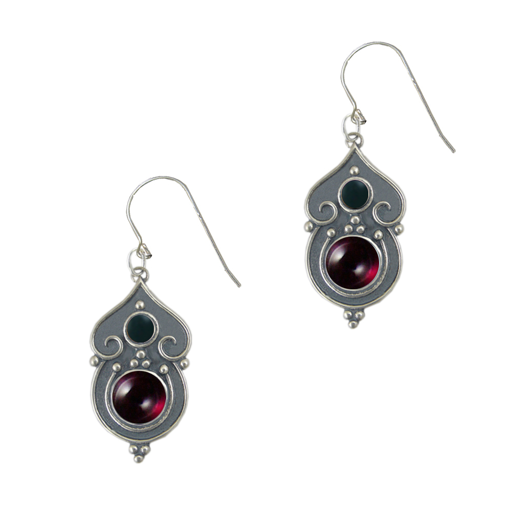 Sterling Silver Gothic Inspired Drop Dangle Earrings With Garnet And Bloodstone